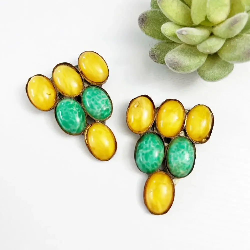 Antique Paristyle Button Co. Cabochon Glass Dress Clips Set Vintage Jewelry
